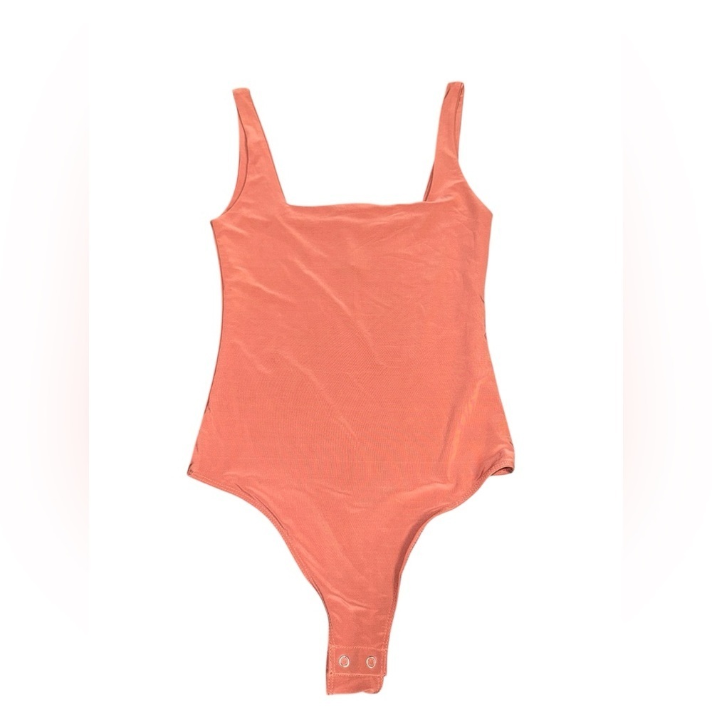 POPULAR 21 Terracotta Orange Bodysuit S Square Neck Sleeveless Fitted Stretch